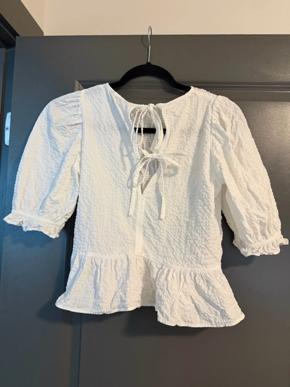 Zara White Smocked Peplum Puff Sleeve Blouse